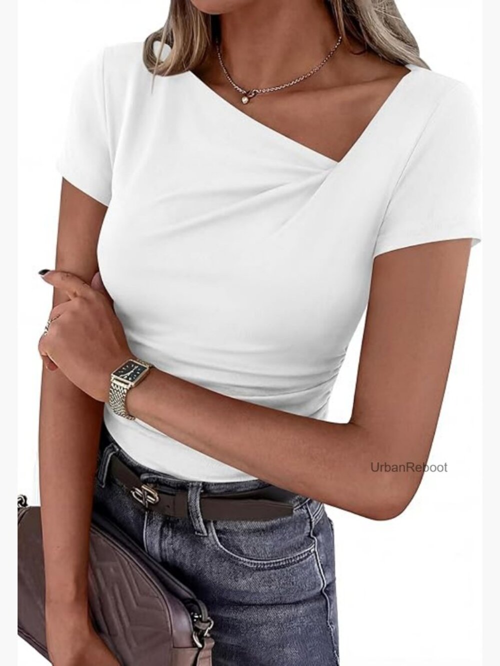 Asymmetrical Y2K Crop Top Ribbed Short Sleeve Fitted Tee Trendy Summer